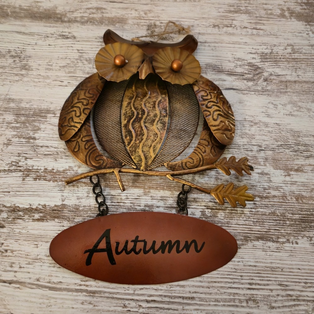 Metal Owl Wall Decor Autumn Sign – Copper Bronze Finish Hanging Owl